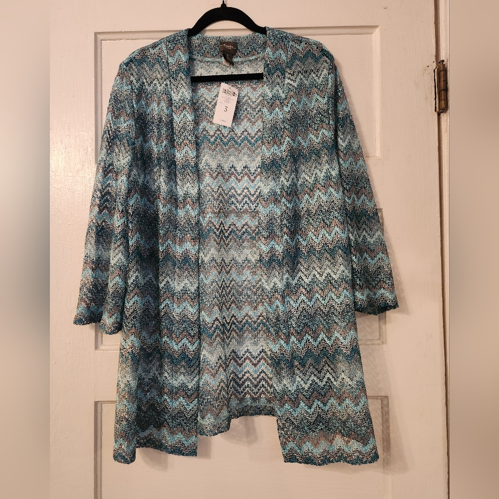 Travelers By Chico’s Chevron Stitch Jacket, Open Cardigan, Cozumel Blue, XL NWT